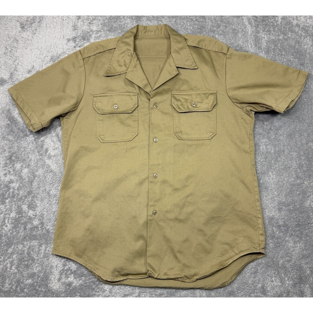 Vintage 1970s USA Military Army Shirt Vietnam Era Khaki Short Sleeve Size L